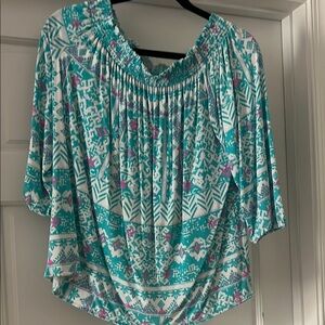 Floral Off-Shoulder Top in Teal and Pink